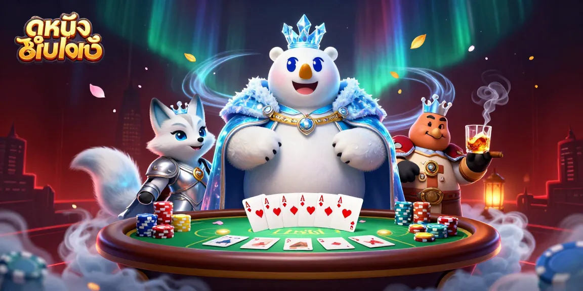 Experience ดูหนังออนไลน์ with an engaging illustration featuring a royal polar bear and his snow fox companion at a vibrant poker table.