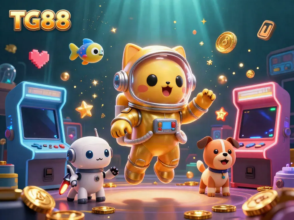Engage in thrilling gameplay with TG88, featuring a 3D cartoon astronaut cat and robot dog in a vibrant casino scene.