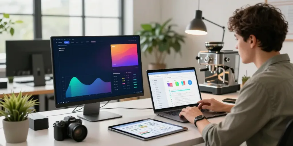 Engaging workspace with a marketing specialist utilizing instant indexing tools for website analytics