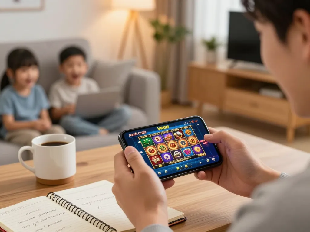 Player enjoying slots on Nhà cái Vk88 app in a cozy living room setting.