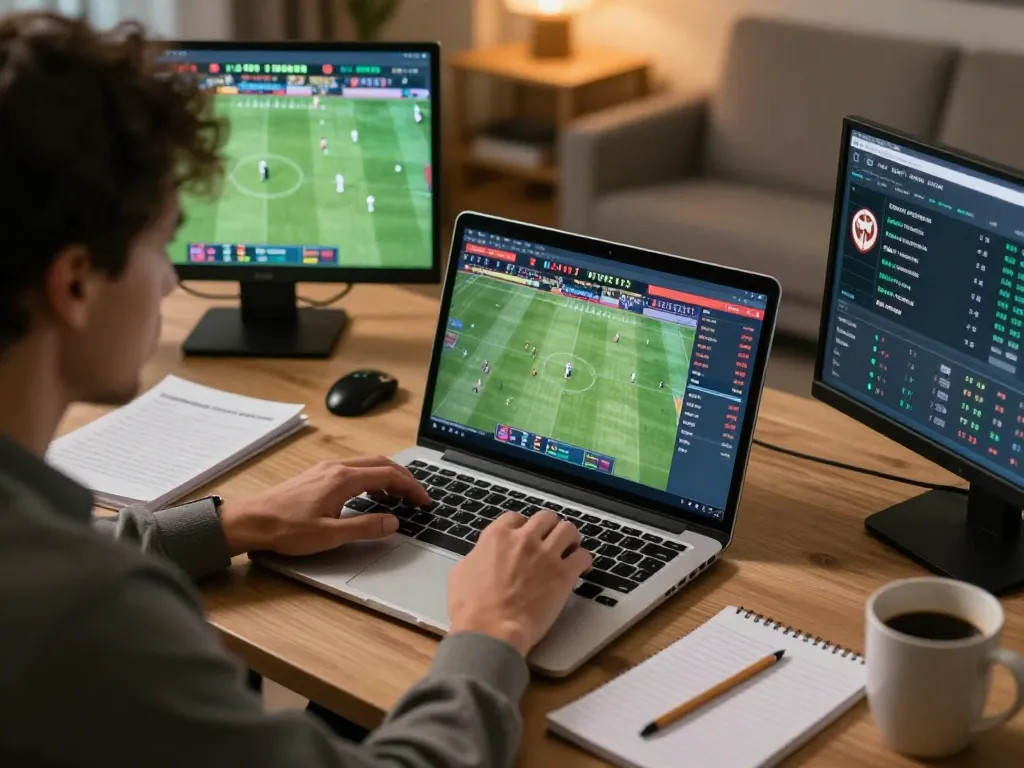 Dynamic sports betting scene with sin88 on a laptop, showcasing live match analysis and betting excitement
