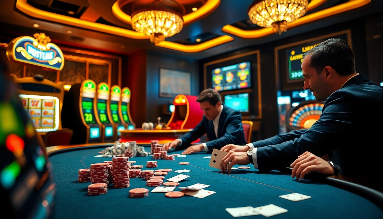 i9bet players competing at a high-stakes poker table surrounded by vibrant casino elements.