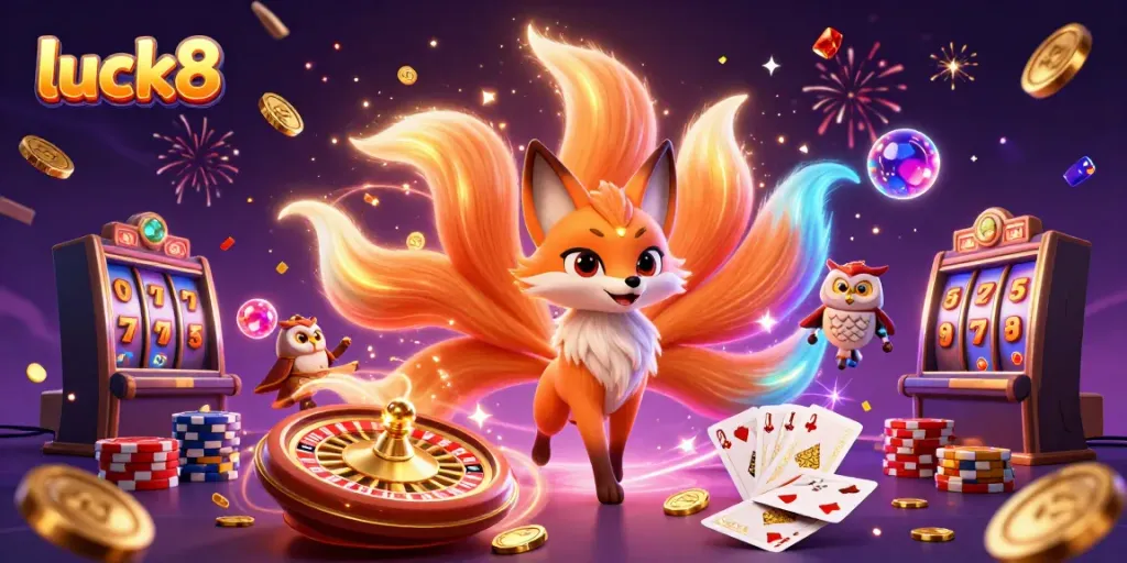 Experience luck8’s thrilling gaming with vibrant spirits and rich casino elements in this dynamic illustration.