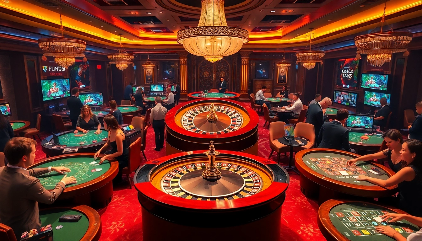 Players enjoying Fun88 casino games at stylish tables with vibrant decor.