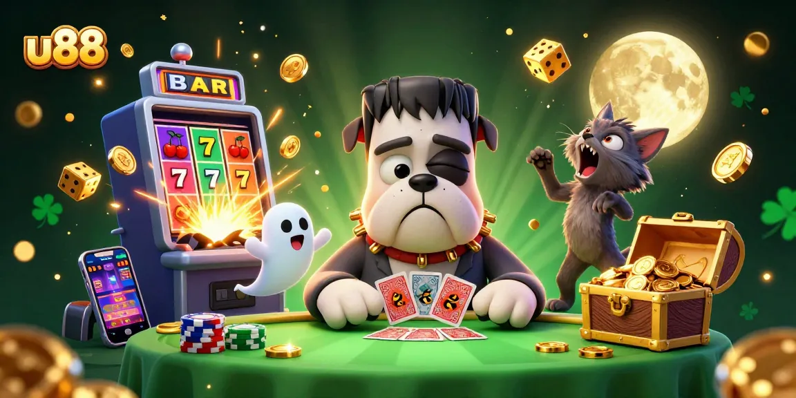 Engage with u88's thrilling casino world through a vibrant illustrated scene of a spirited gaming experience.