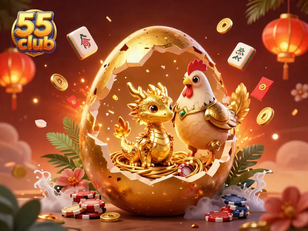 Win big with 55 club's thrilling games featuring a golden dragon and poker chips!