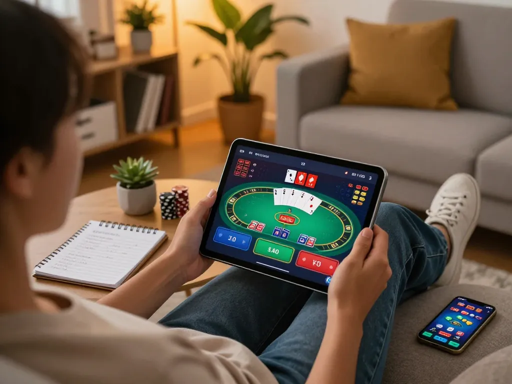 Player enjoying nohu90 online casino on tablet, engaged in a strategic poker game.