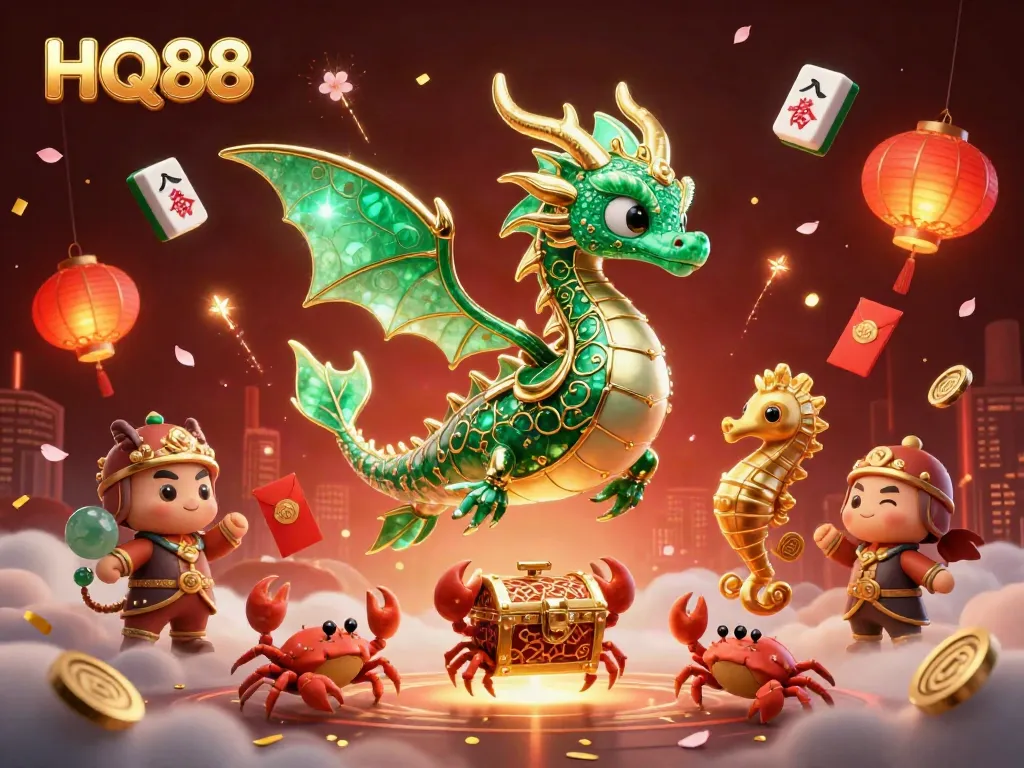 Play exciting games at HQ88 with vibrant sea dragon, treasure chest, and festive casino elements.