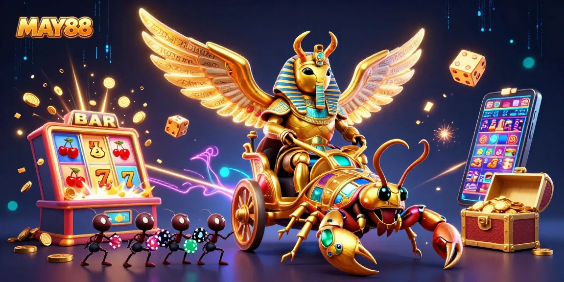 Experience thrilling jackpots with MAY88's captivating 3D casino scene filled with excitement and action.