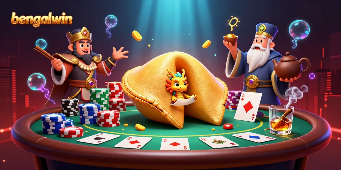 Bengalwin players enjoy a vibrant casino scene with a fortune cookie, dragons, and poker elements, creating exciting gaming moments.