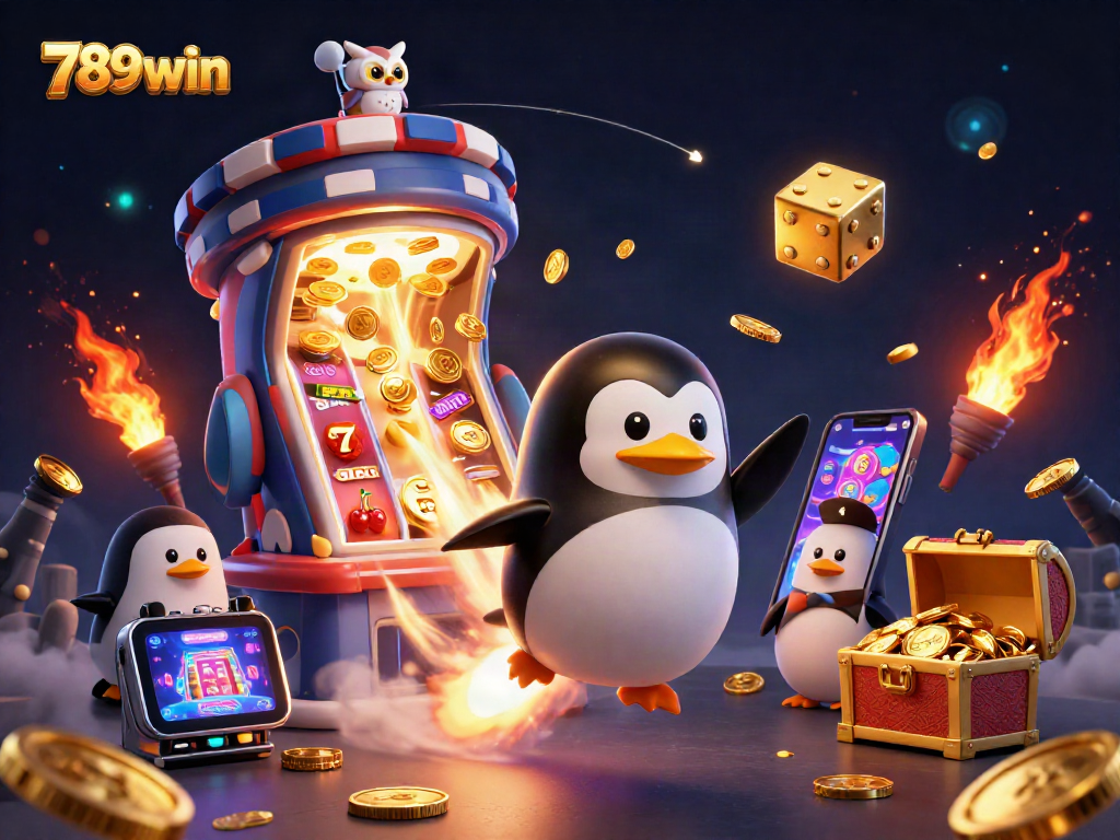 Experience thrilling 789win adventures with a golden penguin in a vibrant casino universe.