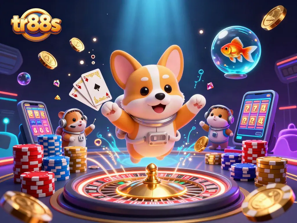 Engage with tr88s in a vibrant space casino scene featuring a floating corgi and dynamic game elements.
