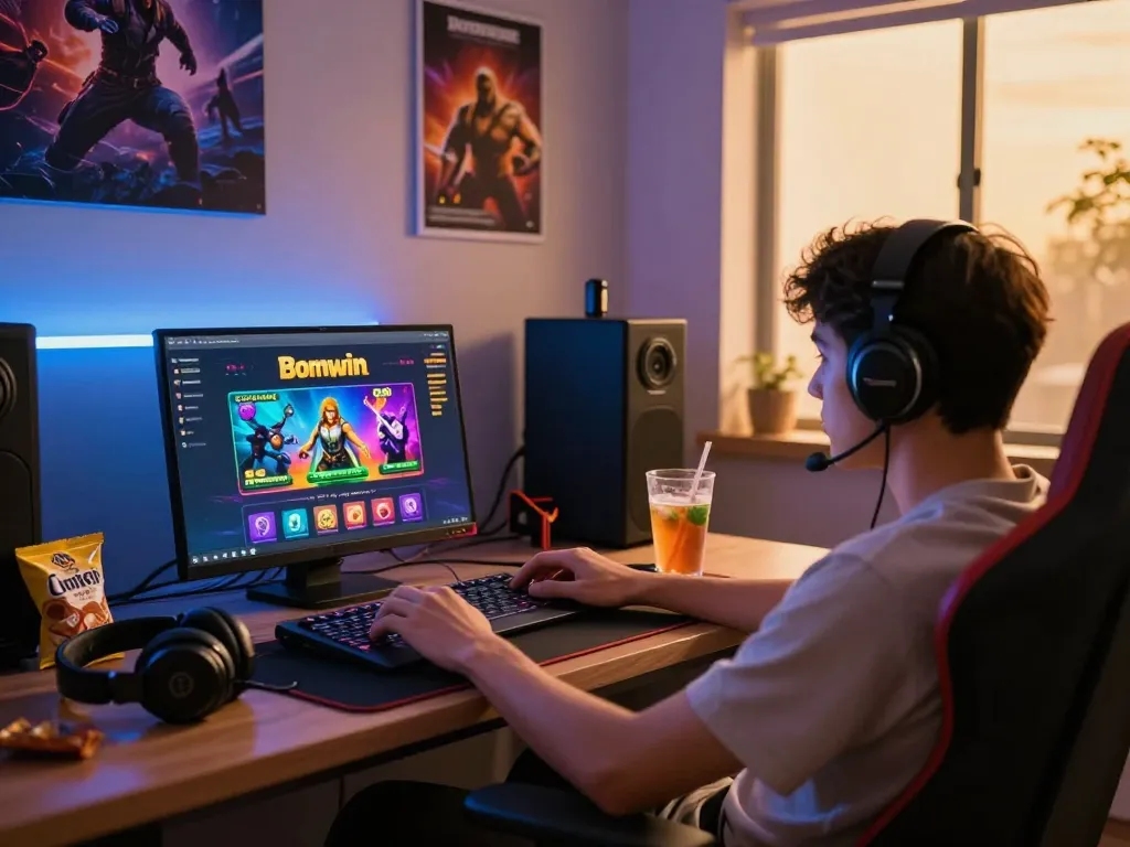 Bomwin gaming experience with player engaged on laptop in cozy gaming room.