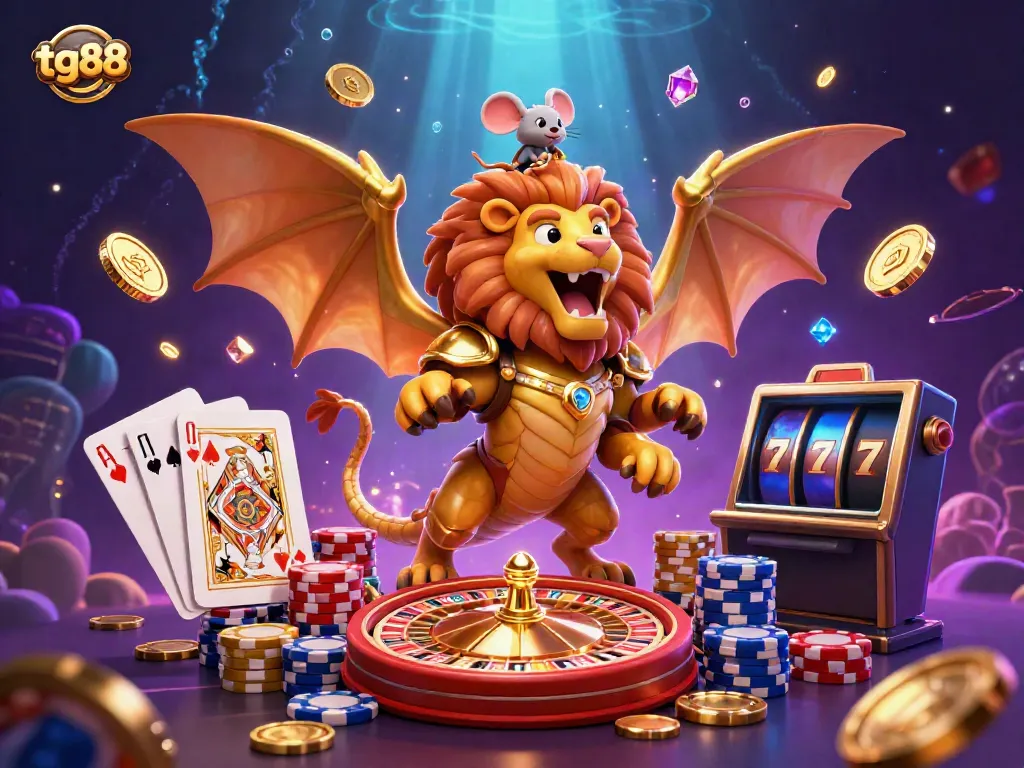 Engage with the captivating tg88 world of online gambling featuring cartoon chimera and dynamic casino elements.