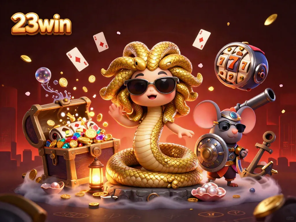 Experience thrilling gameplay and rewards at 23win with this vibrant and packed illustration featuring Medusa and a warrior mouse.