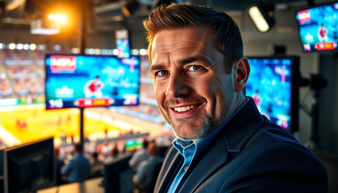 Captivating moment in sports broadcasting highlighting an engaging announcer in a modern studio.