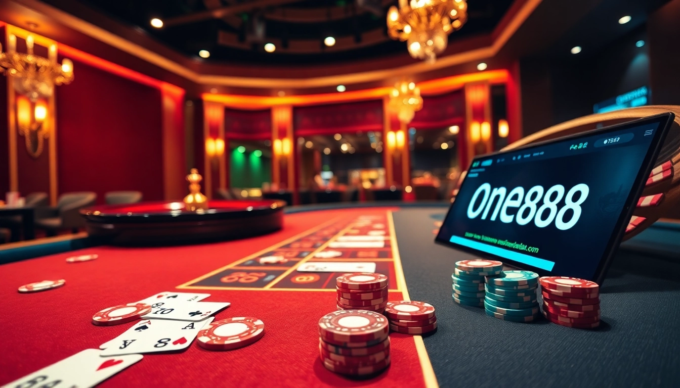 The dynamic poker table scene at ONE88, showcasing professional cards and chips, invites excitement in online gambling.