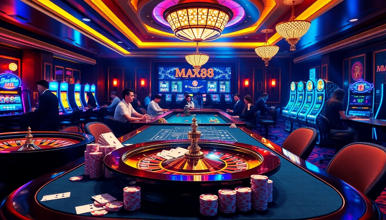 Guests enjoying the vibrant atmosphere at nhà cái max88 with cards and roulette table.