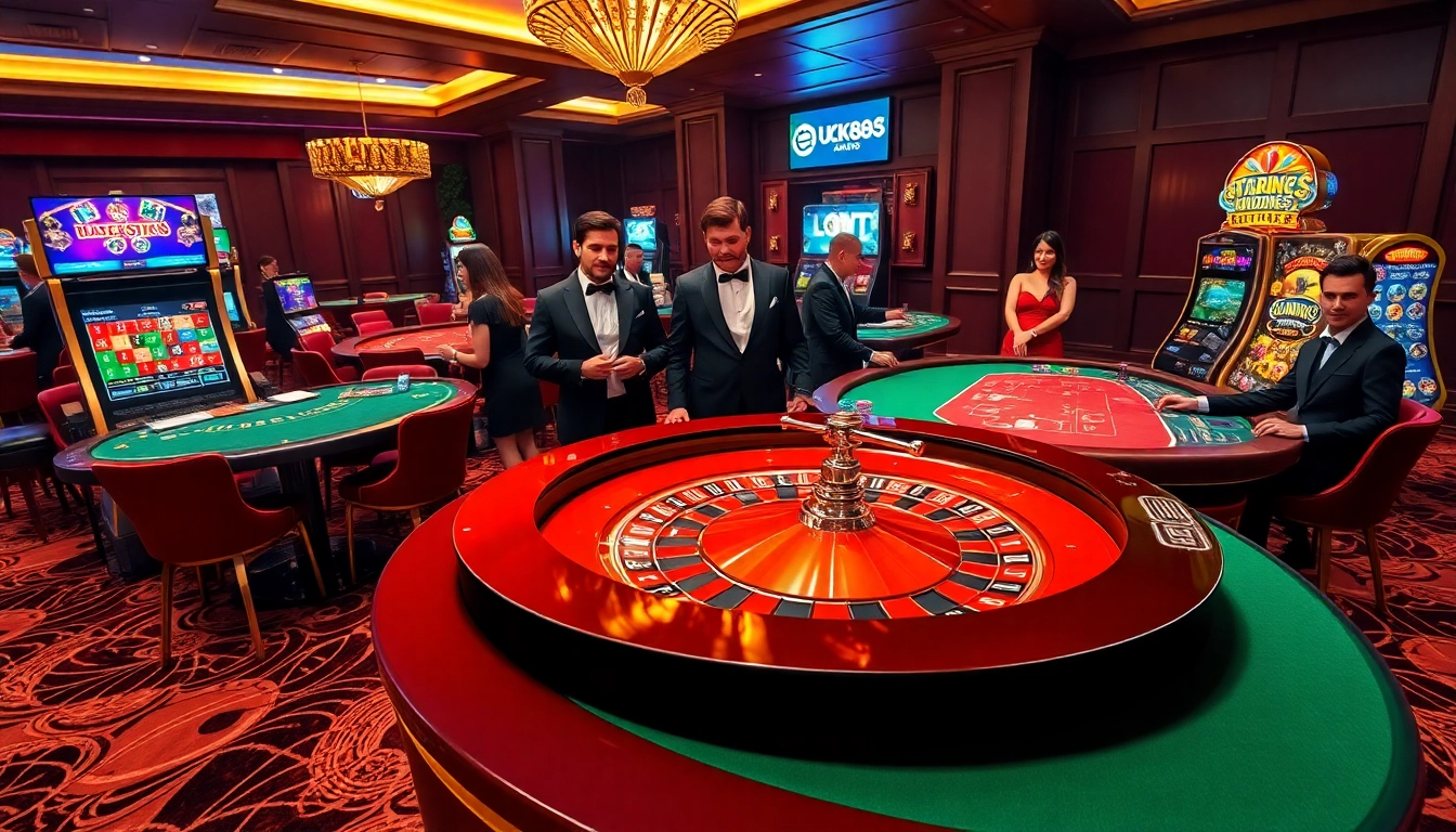 UK88 casino scene featuring an elegant roulette table, engaging players, and vibrant slot machines.