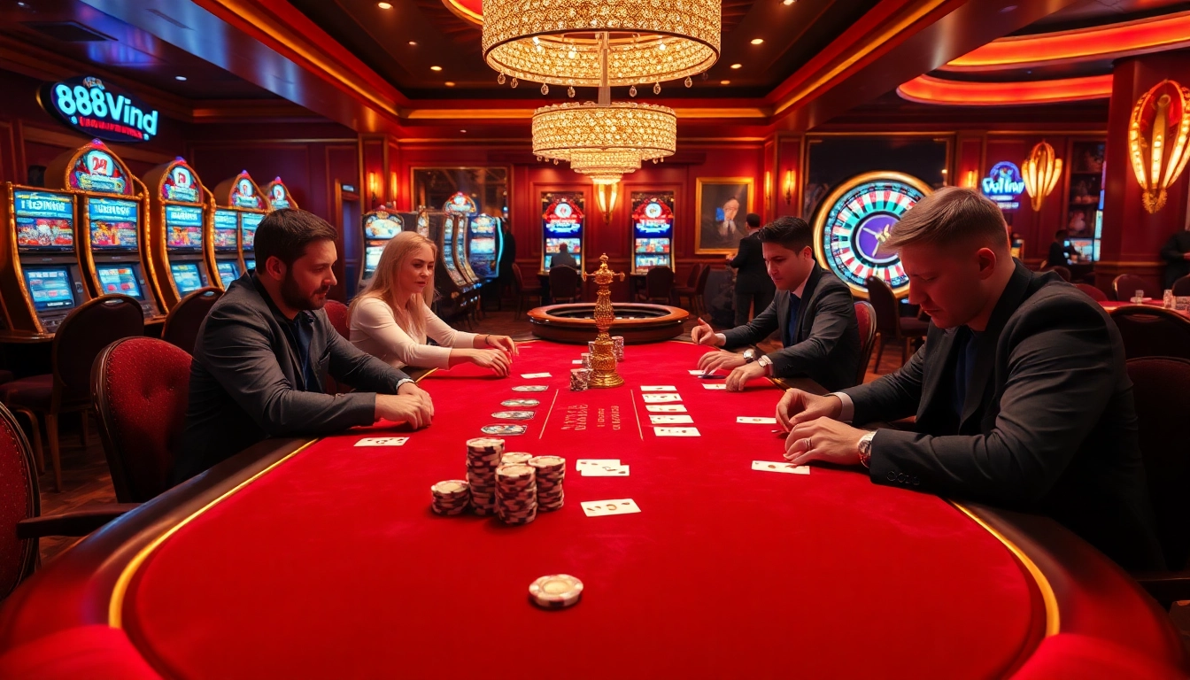 Engaged players strategizing at a high-stakes poker table in a vibrant casino environment with 888vnd excitement.