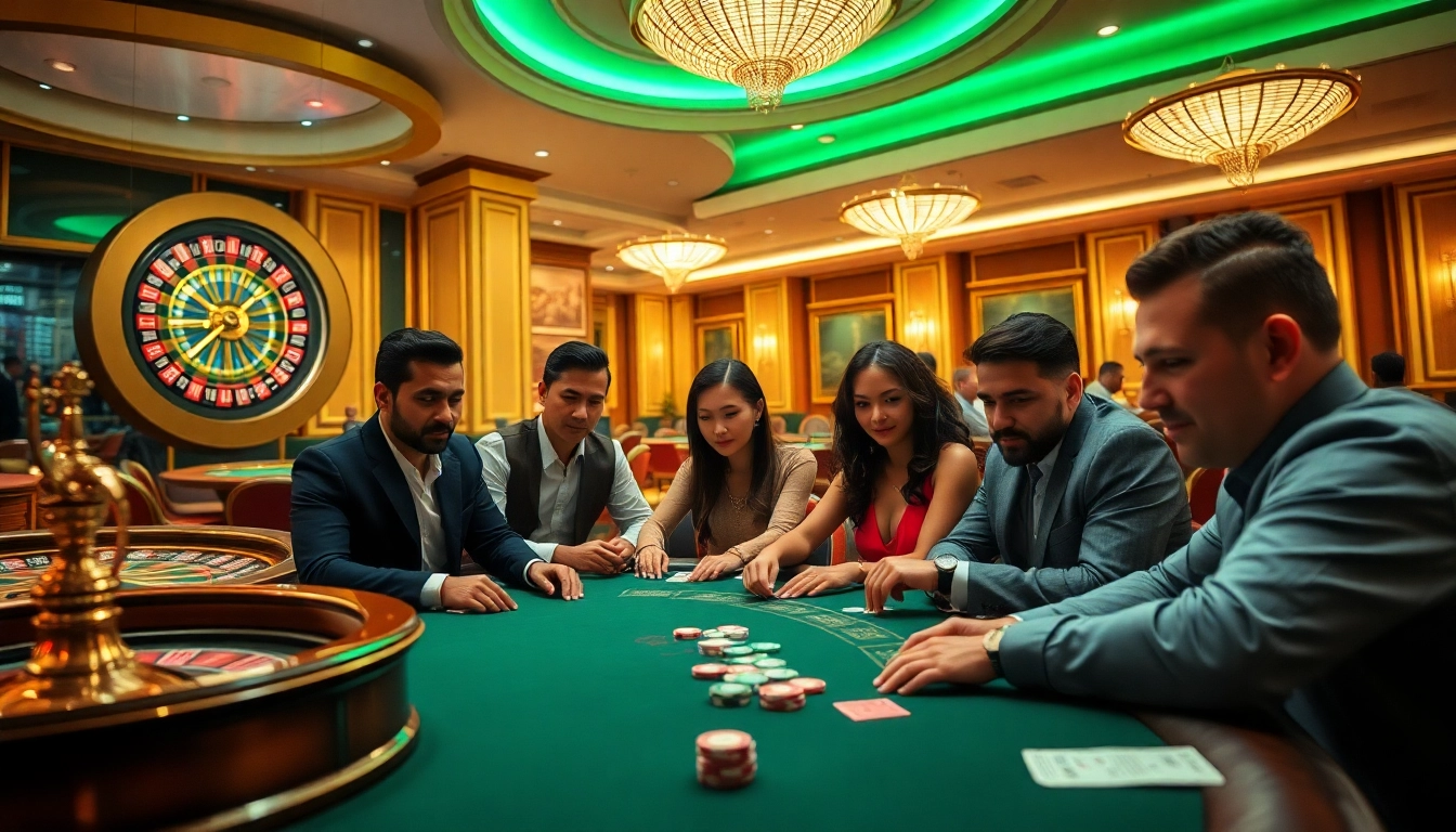 Experience thrilling gameplay at https://tg881.net/ in this vibrant casino scene with poker players and roulette.