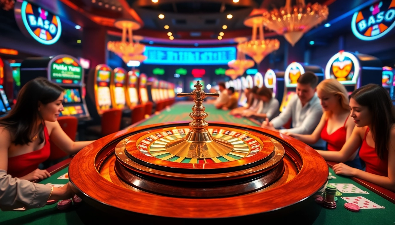 Experience thrilling gameplay at Fb88 with dynamic casino tables and vibrant roulette wheel.