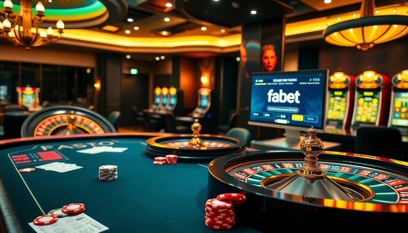 Engaging casino scene featuring poker table and code fabet displayed on a screen.