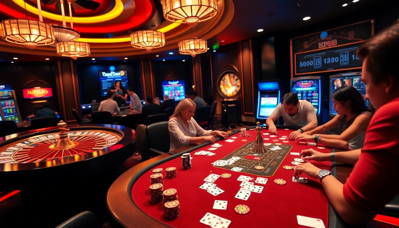 Kp88 gaming experience featuring a high-stakes poker table and roulette wheel, capturing the excitement of gambling.