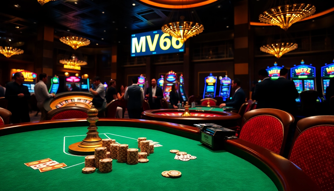 Engaging poker scene in a luxurious casino featuring MV66 branding and vibrant games.