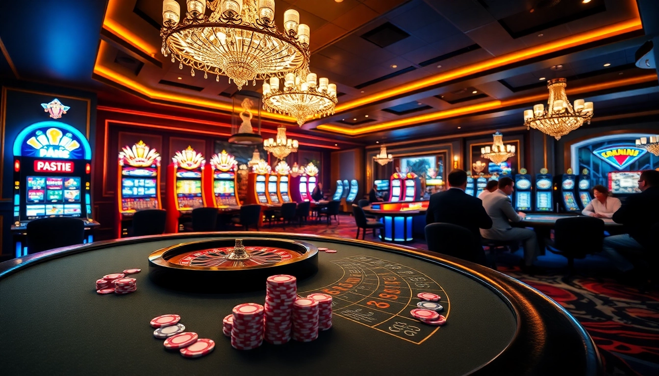 A thrilling casino scene at https://nk88net.com/ showcasing poker excitement and vibrant slot machines lighting up the floor.