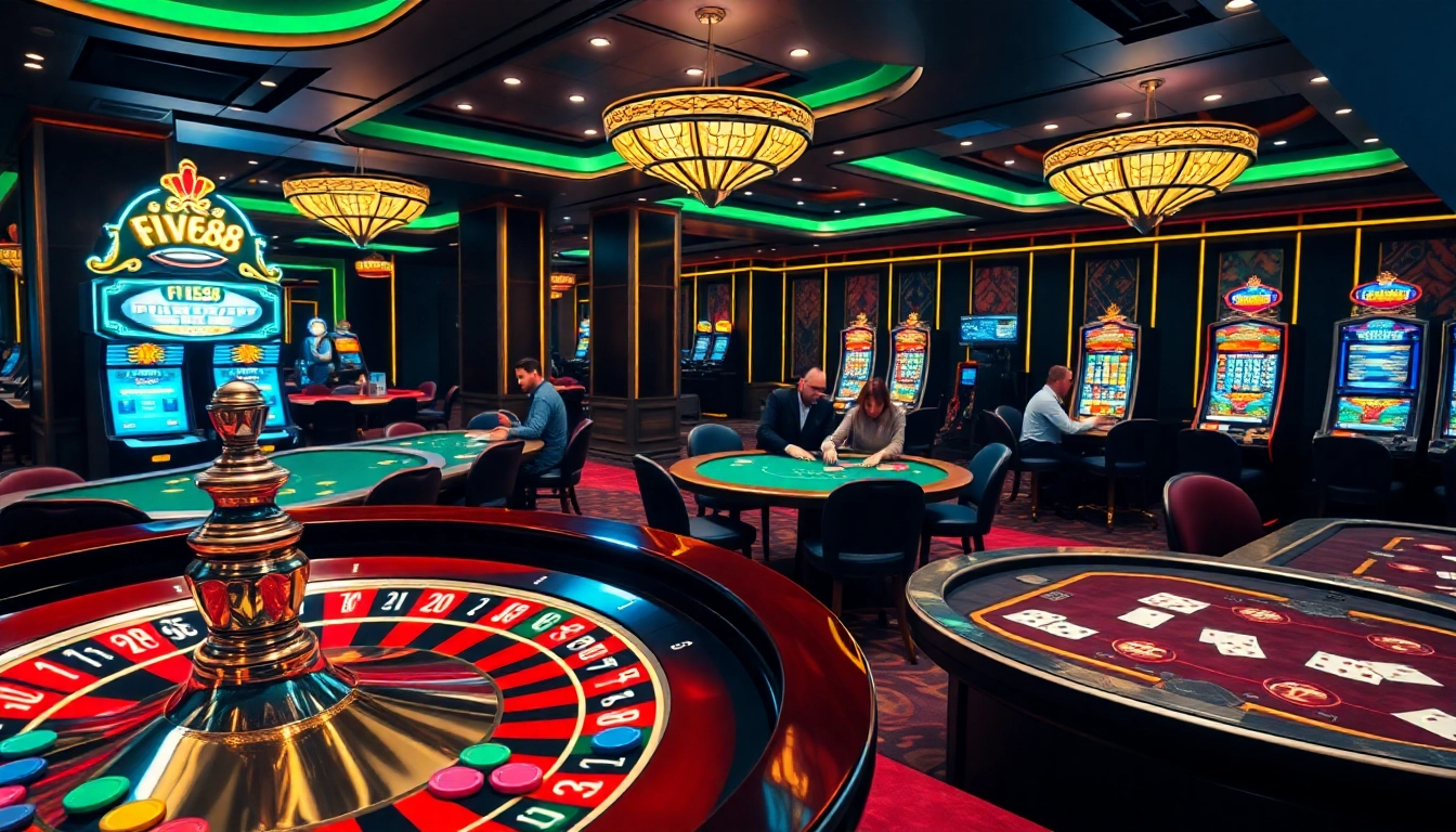 Experience excitement at FIVE88 with vibrant casino tables, poker chips, and a spinning roulette wheel.