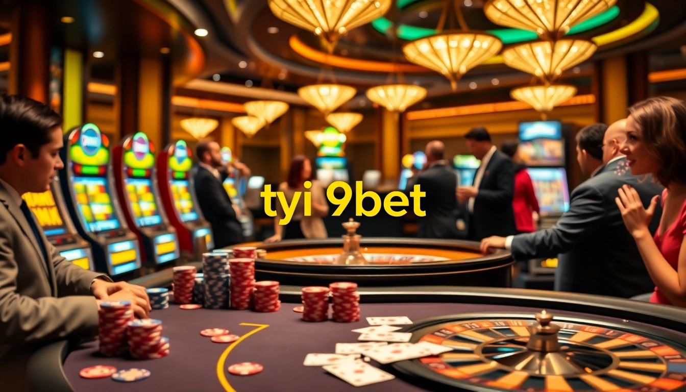 Tải i9bet on a luxurious casino scene featuring poker chips, cards, and vibrant slot machines.