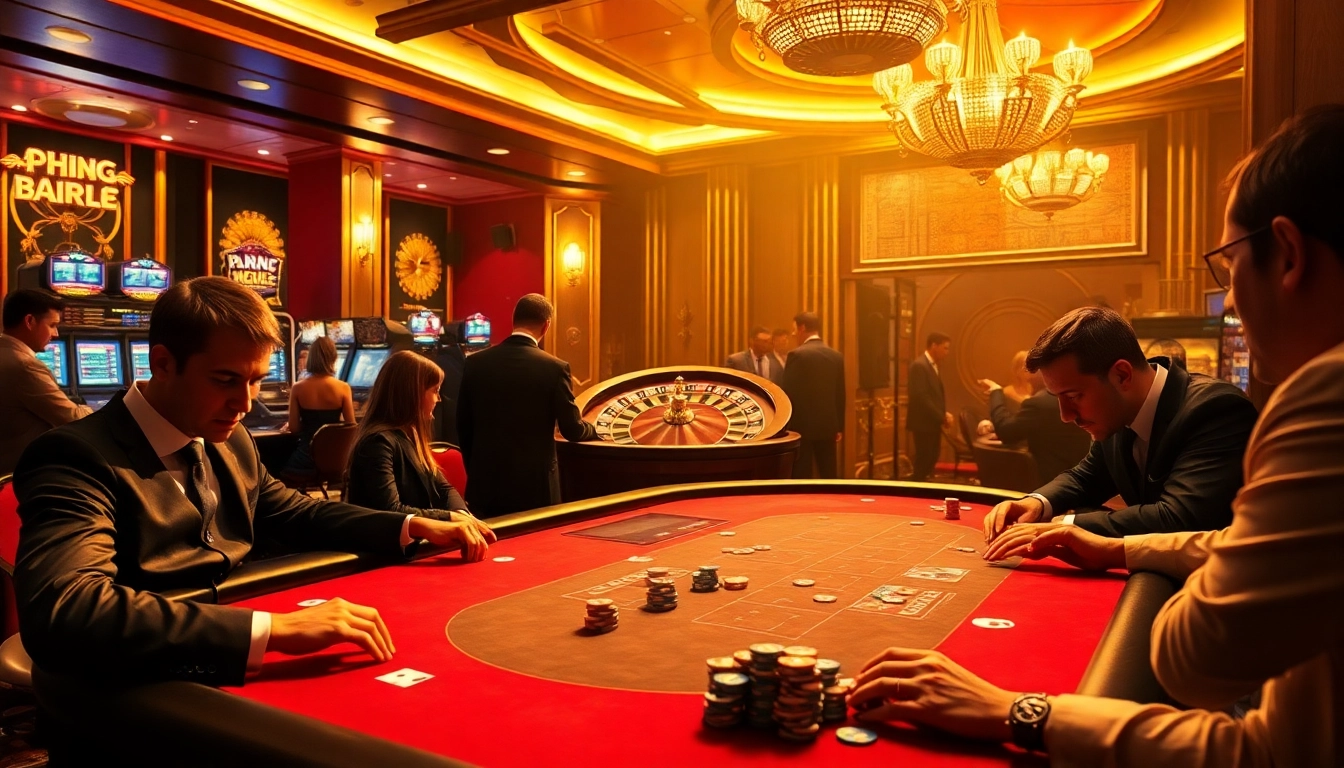 Players engage intensely at a poker table, representing the thrill found at https://hbbet4.art/ along with a spinning roulette wheel.