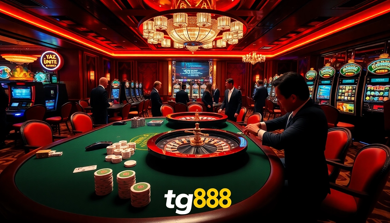 Experience the excitement of tg88 at a luxurious casino table with engaging players and vibrant game elements.