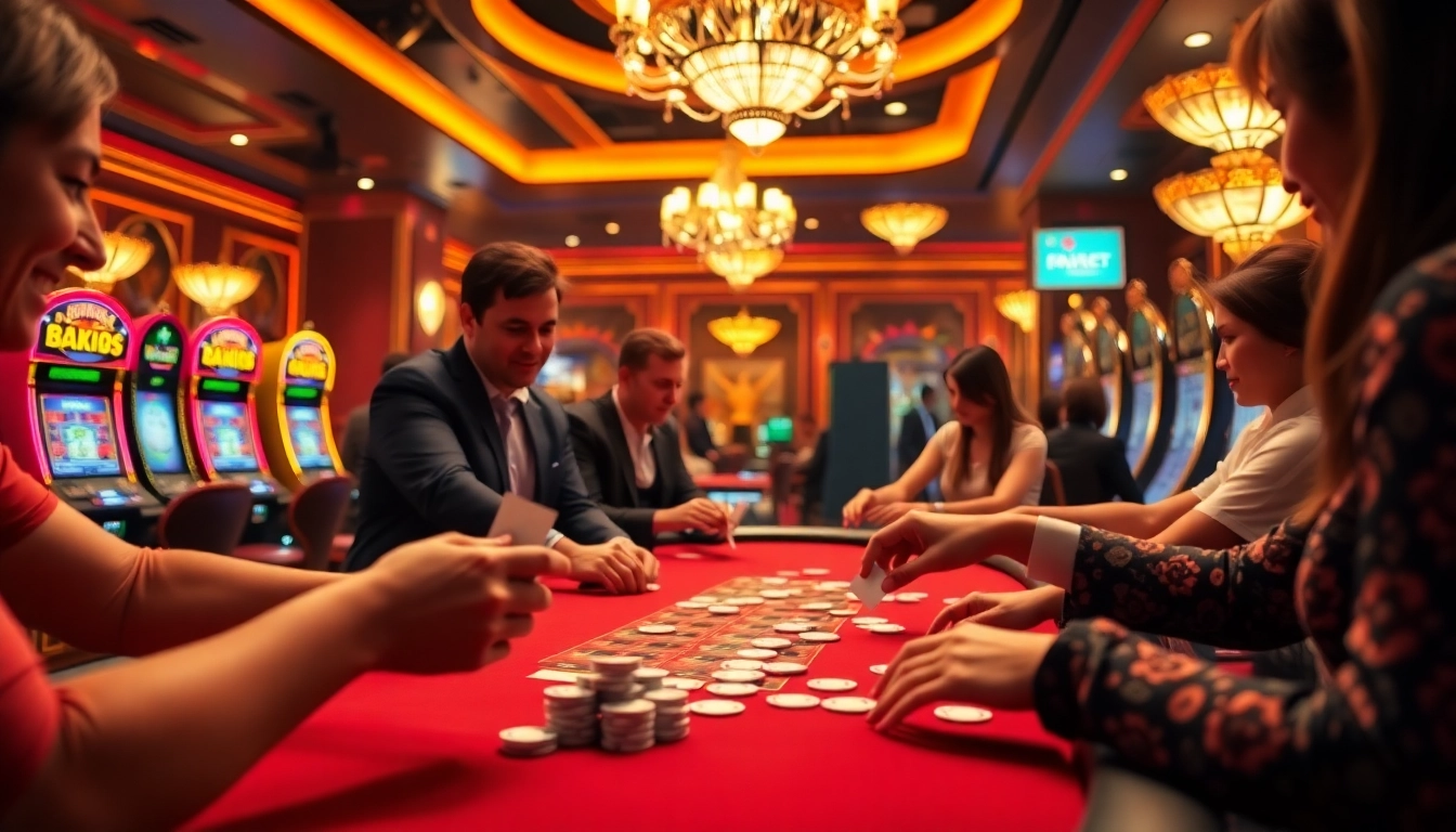 Nạp tiền 8KBET at a luxurious casino with players enjoying poker and vibrant atmosphere.