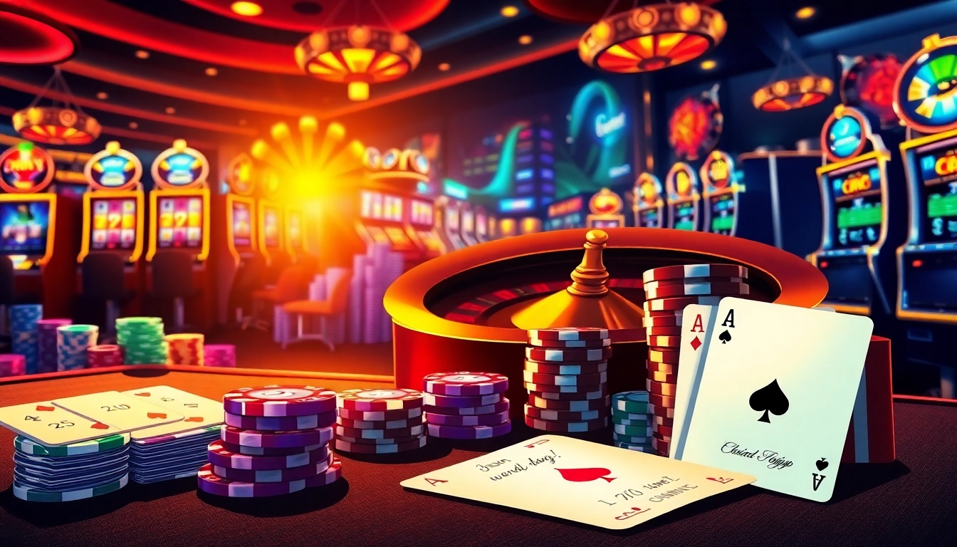 The vibrant casino scene at https://2haywin.art/ showcasing a roulette wheel, poker chips, and betting slips.