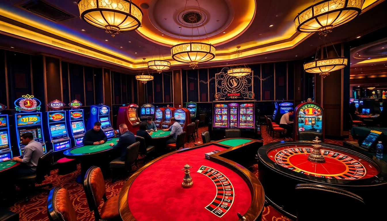 Experience excitement with sin88 đăng nhập at a luxurious casino table, featuring vibrant slot machines and roulette wheels.