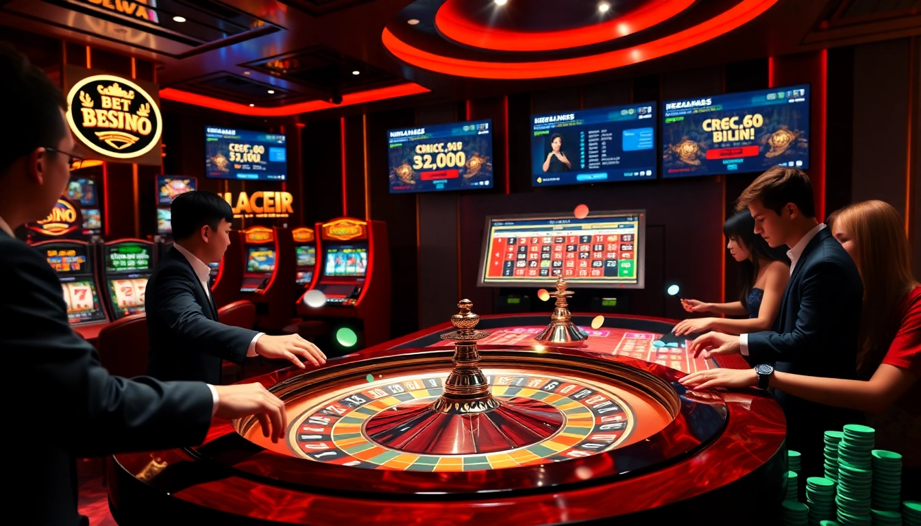 Experience thrilling bets at https://bem88.io/ with players at a vibrant roulette table surrounded by glowing slot machines.