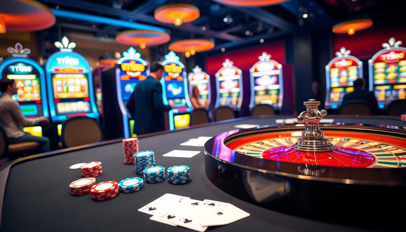 Experience the thrill of gambling at TT88 with professionally designed casino scenes featuring poker tables and roulette wheels.