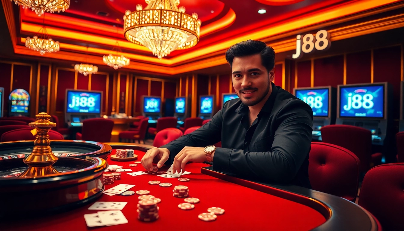 A thrilling casino experience with poker action and j88 branding, vibrant colors, and luxurious ambiance.