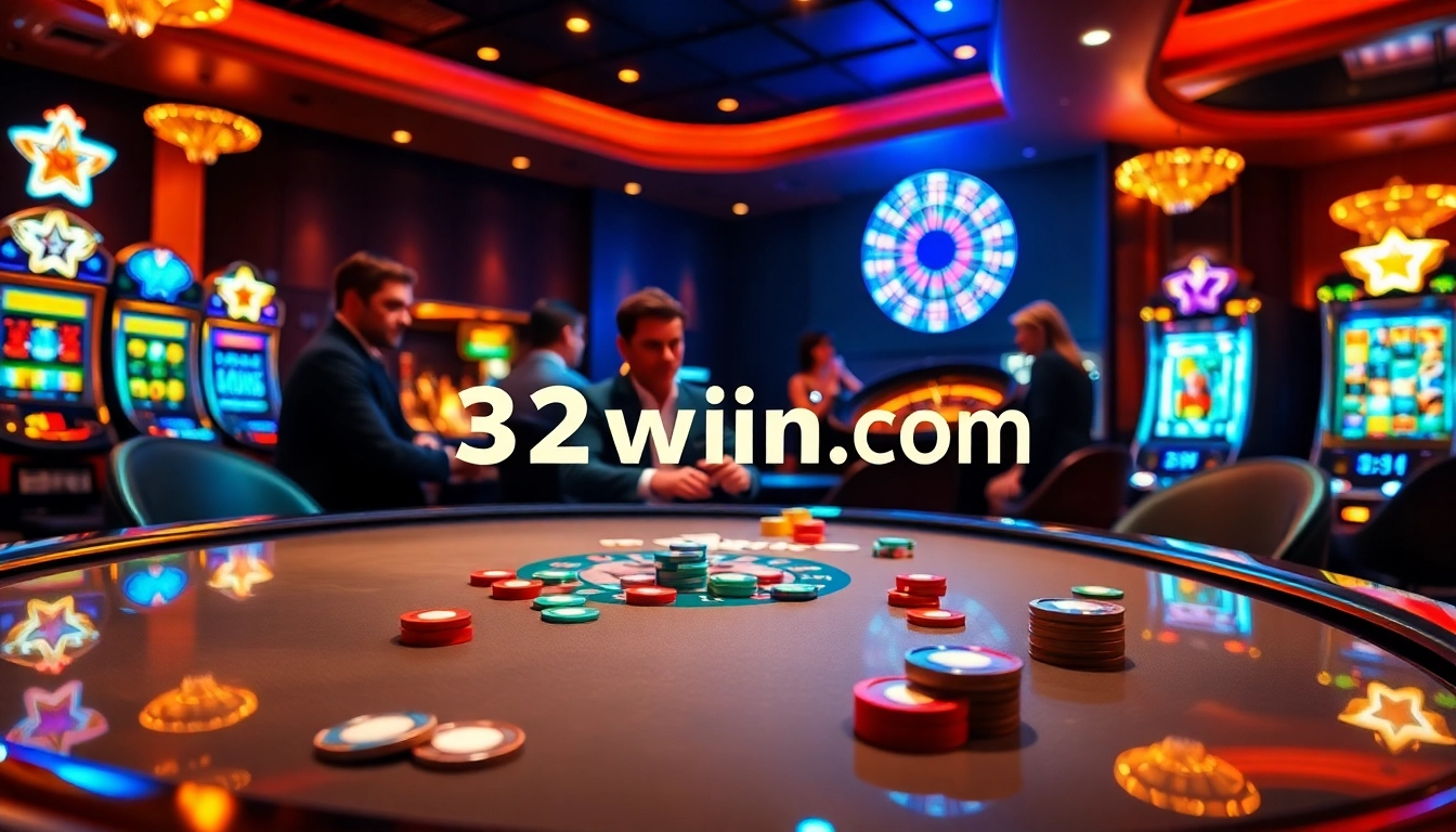 Gambling excitement at 32win.com with poker chips and casino games.