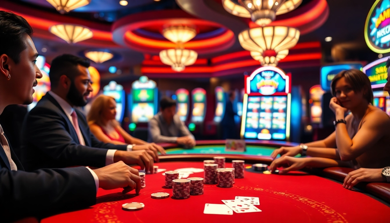 Nohu casino players strategically betting at a vibrant table with cards and chips.