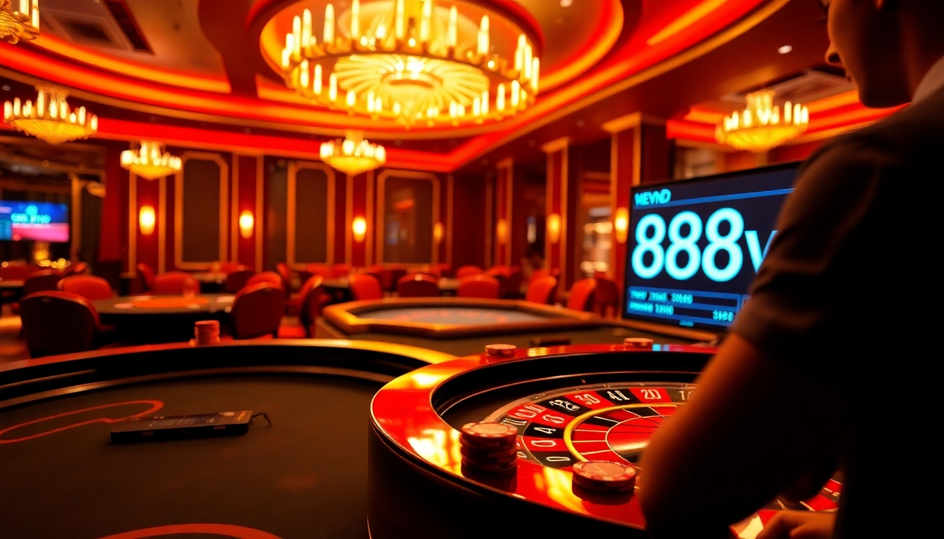 Engage in a thrilling casino experience with the roulette wheel showcasing 888vnd betting options.