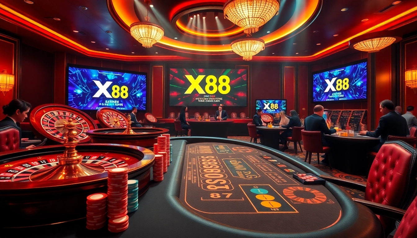 X 88 logo featured prominently on an extravagant casino table surrounded by players and chips.
