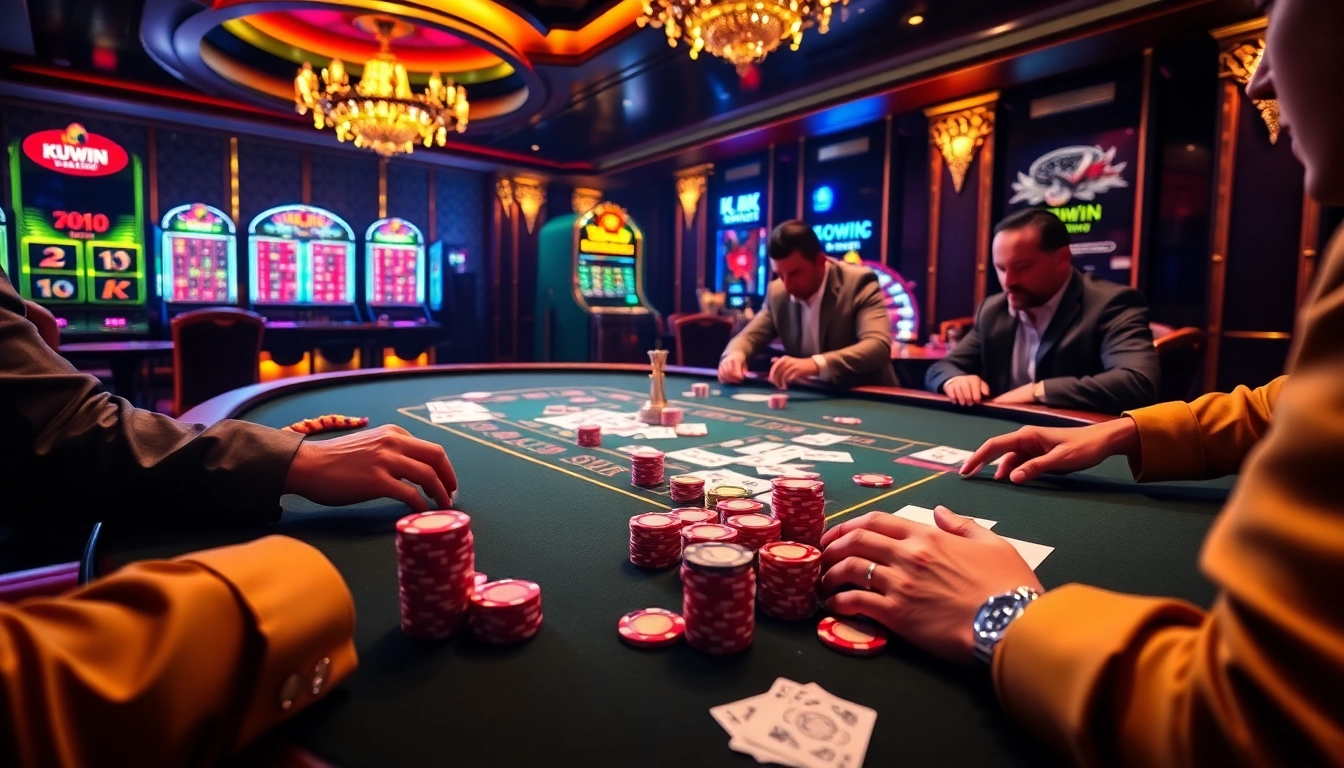 KUWIN gamblers intensely playing poker at a luxurious casino table surrounded by vibrant gaming elements.