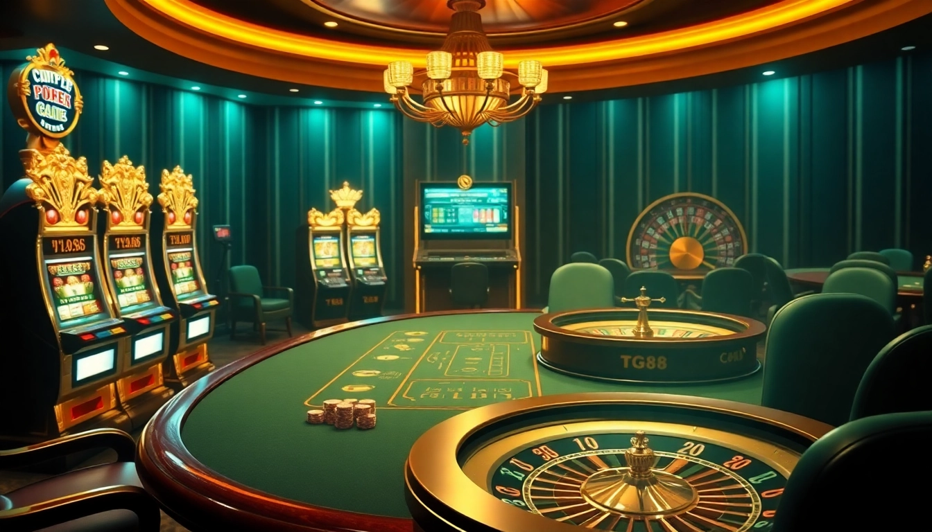 Experience the excitement of Nhà cái TG88 with vibrant casino elements, including poker tables and slot machines.