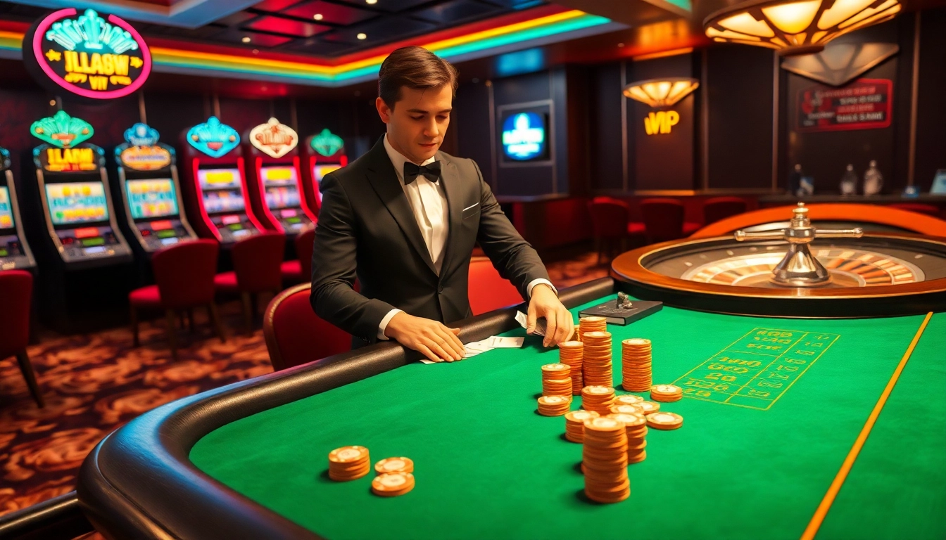 Experience lively gambling action at F168 VIP casino with dealers, poker chips, and vibrant slot machines.