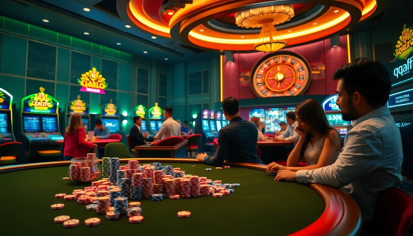 Experience thrilling gameplay with qqalfa at a luxurious casino featuring vibrant slot machines and engaging players.