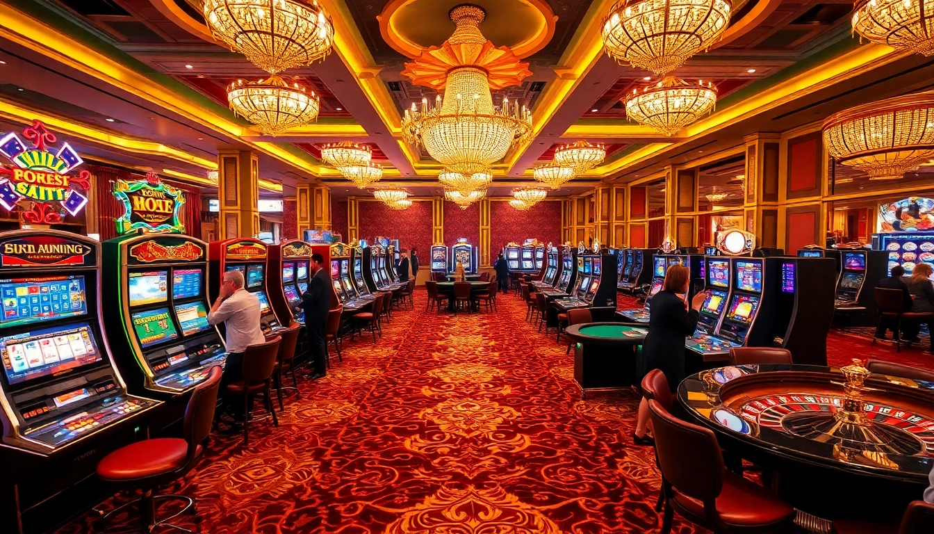 Experience the thrill of Nhà cái uy tín with vibrant casino scenes featuring slot machines and poker tables.