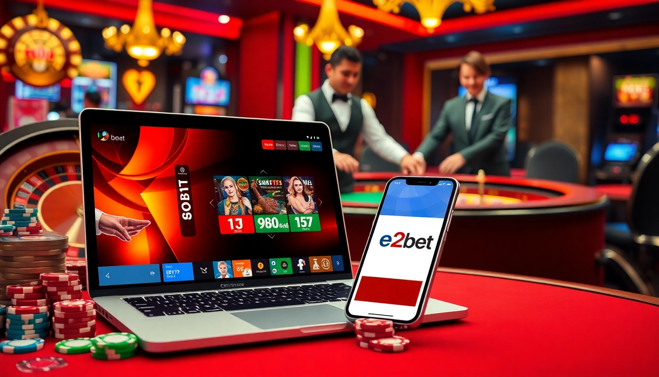 Experience the excitement of e2bet with a luxurious online gambling scene featuring poker chips and a live dealer.